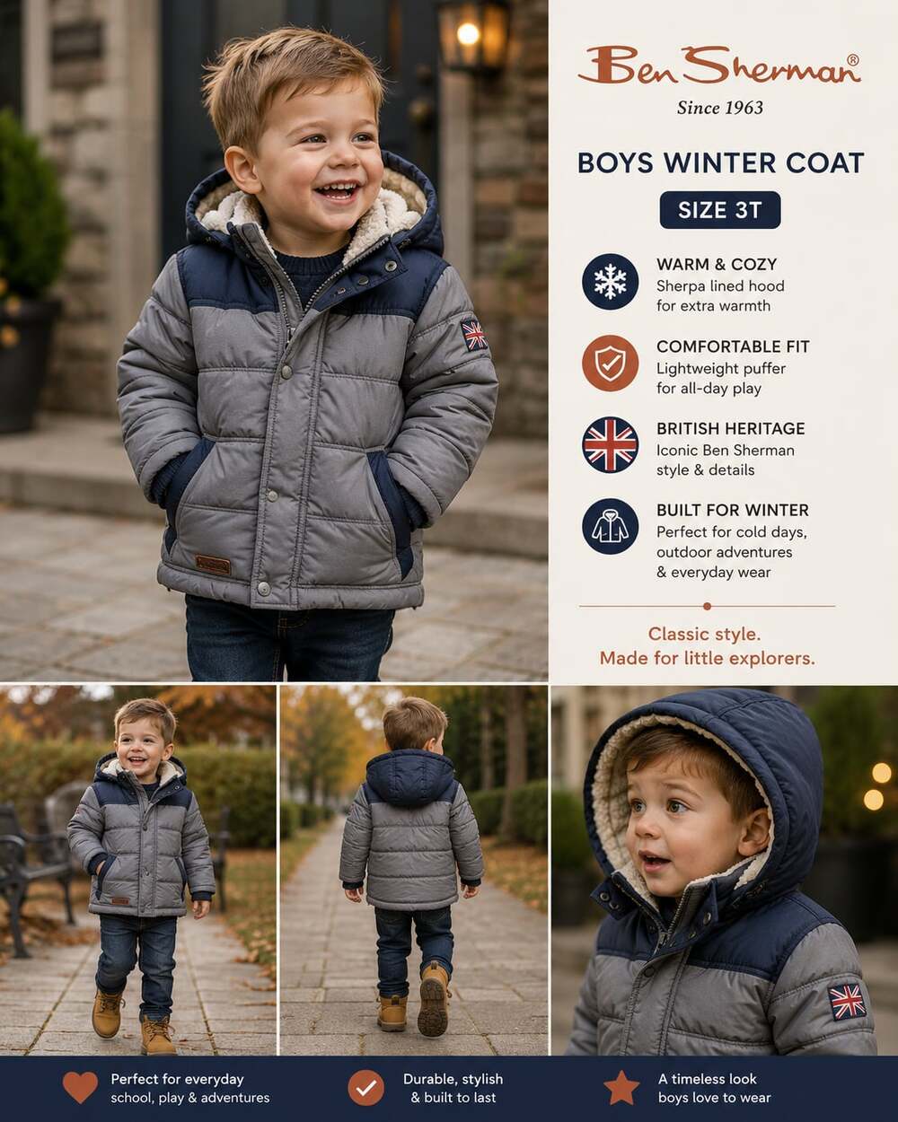 Ben Sherman Boys 3T Puffer Winter Coat Sherpa Lined Hooded Jacket Union Jack  Be